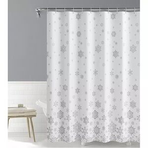 Farmhouse Christmas Winter Holiday White Gray Snowflake Plastic Shower Curtain